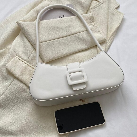 White Casual Women's Belt Buckle Handbag Summer Shoulder Bag - Picture 2 of 5
